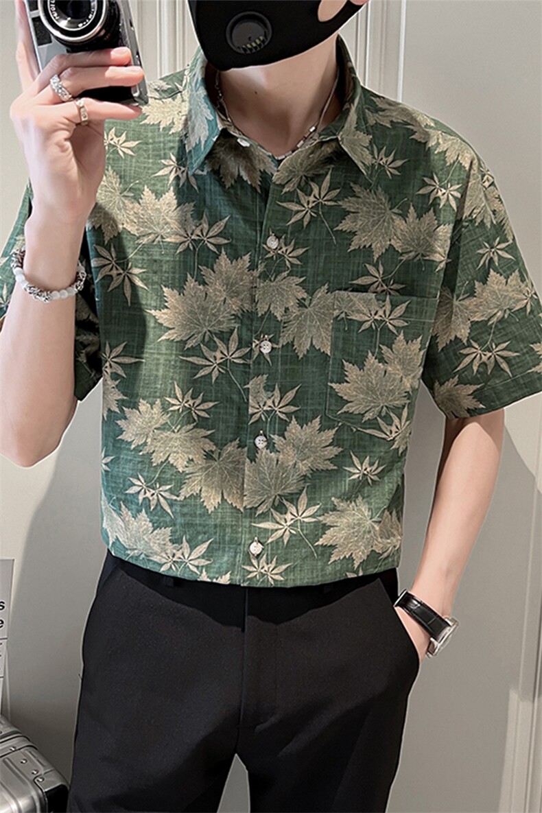23新品树叶花短袖衬衫男士宽松社会小伙衬衣潮牌TZ98P5078,男装T恤,电商B413