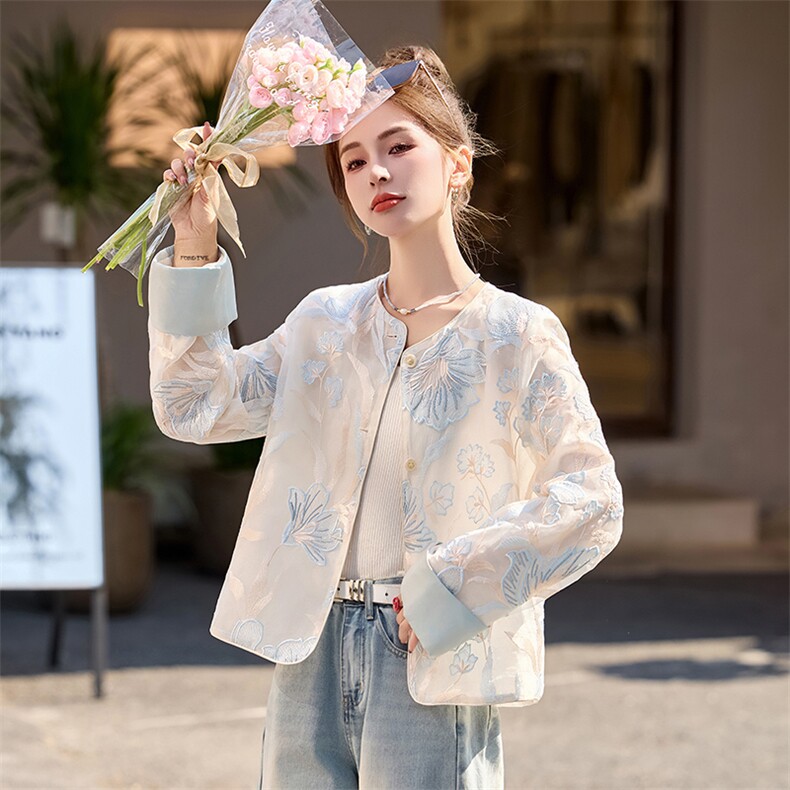 国风刺绣薄款防晒衣外套女2025春夏新款减龄休闲百搭圆领开衫上衣,女装短外套,韩宇舍