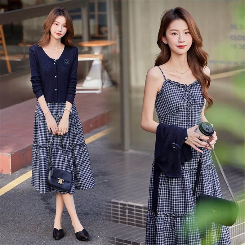 潮流2025年秋季女新款时尚气质优雅针织上衣吊带修身连衣裙套装，女装套装/套裙，奋斗女王