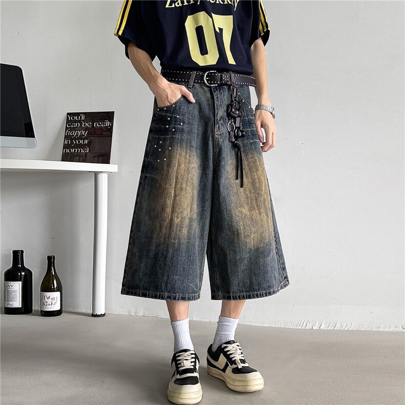 2025新款阔腿七分牛仔裤柳钉设计宽松直筒中裤潮牌现货K8567-P42，男装牛仔裤，星座512-3