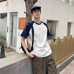 抖音得物高品质二开240克宽松纯棉美式潮牌插肩袖拼接短袖T恤图片