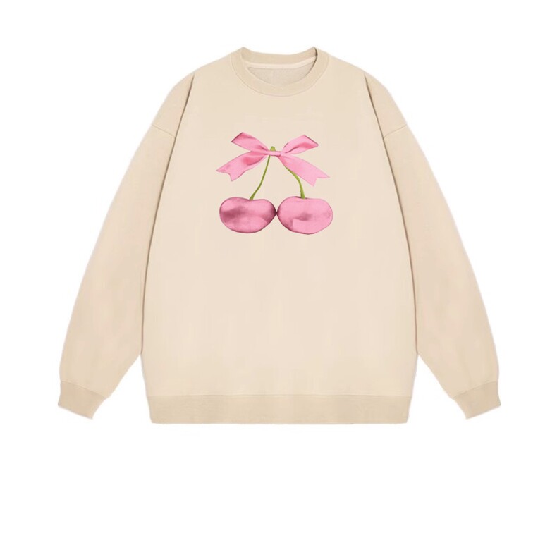 2025年秋季长袖套头通勤蝴蝶结粉色樱桃，女装卫衣/绒衫，花可