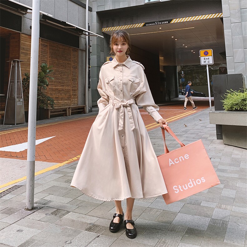 现货工装连衣裙女春新品chic复古气质中长裙18806P120控185,女装连衣裙,艾青服饰