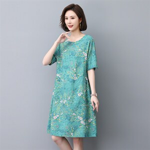 香港新品民族风印花棉质短袖连衣裙女中长宽松遮肚子显瘦，女装连衣裙，涵誉