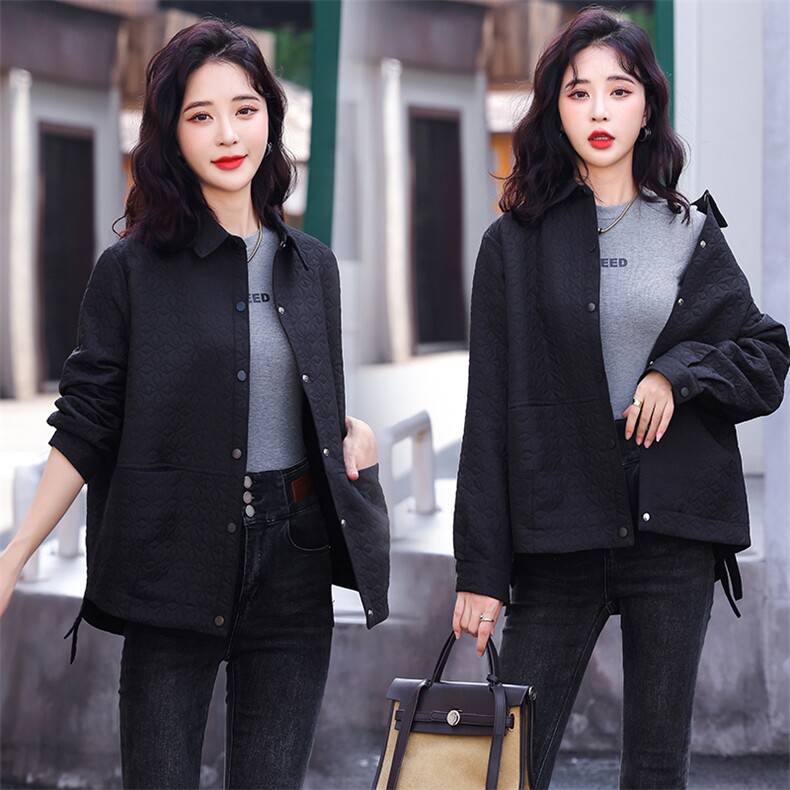 休闲夹棉开衫外套女2023春秋新款宽松显瘦洋气小个子短款夹克上衣,女装短外套,素月
