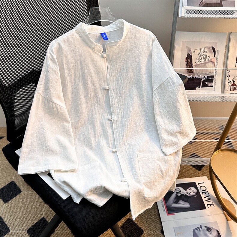 2025新中式七分袖棉麻衬衫短袖衬衣夏汉服马褂潮流现货T1851-P30,男装T恤,星座512-4