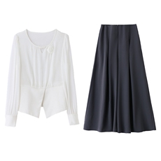 2025春季时髦气质收腰珍珠立体花朵衬衣阔腿裤套裤时尚套装两件套，女装套装/套裙，卡杰菲