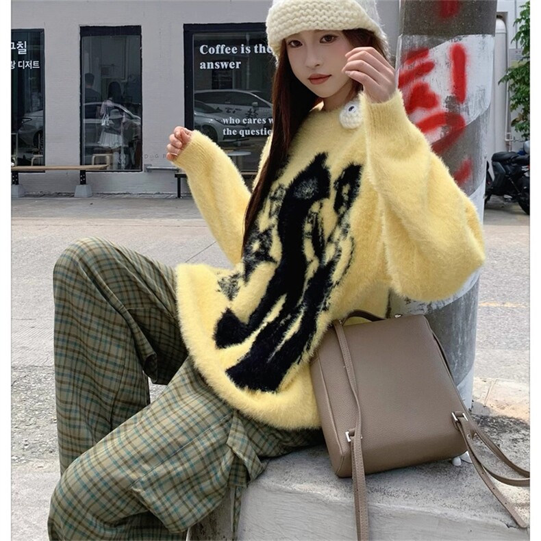 美式圆领字母印花毛衣秋冬情侣宽松休闲复古慵懒风百搭上衣图片