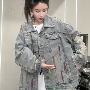 JK8864-P59 美式复古水洗小众扎染破洞牛仔外套图片