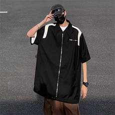 黑白拼接皮廓形拉链夹克短袖衬衫休闲外套夏男女外套~C8022-p40，男装衬衫，星座601-2