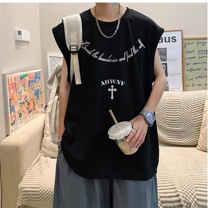 圆领夏季青少年潮美式复古哥特风印花背心纯色汗背心宽松型,男装背心/马甲,星座218-1（原230）
