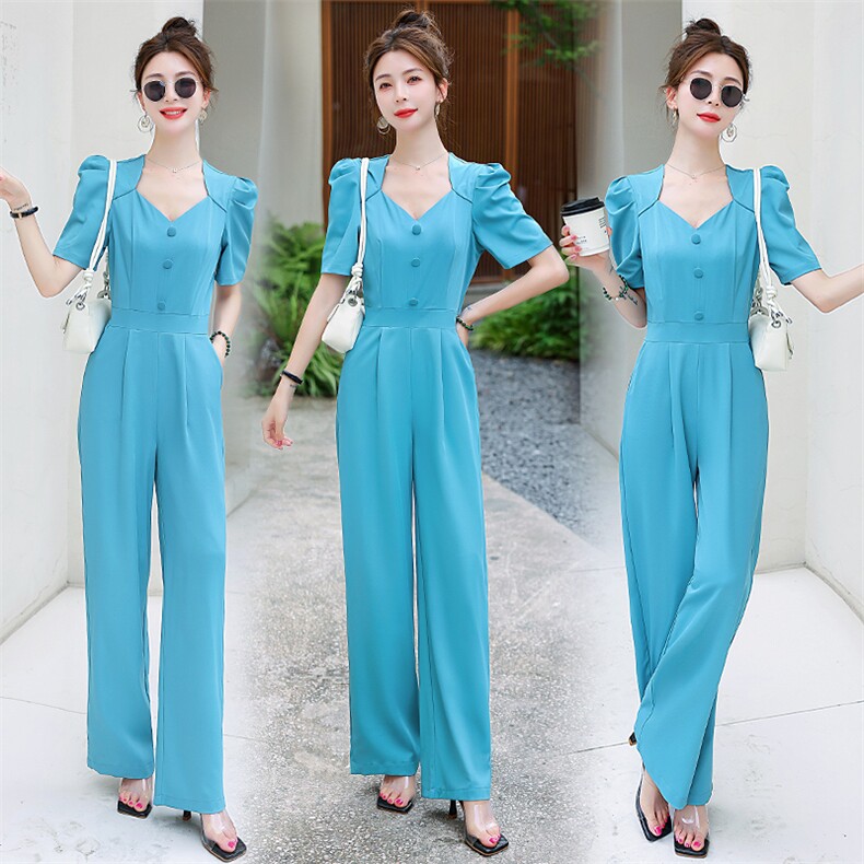 新款夏装时尚休闲潮流气质清新通勒风拼接设计流行感包扣连体裤，女装连体裤，韩美纤衣