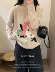 手工小房子均码青绒色胸围116衣长61袖长53，女装针织衫/毛衣，更慕羊绒