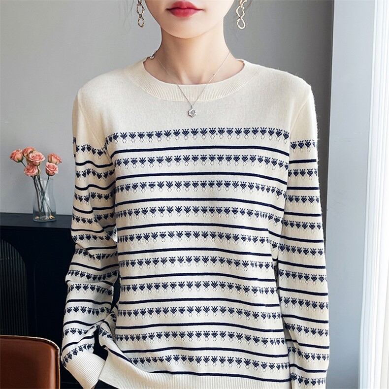 秋冬新款淑女风圆领条纹拼色羊毛针织衫女长袖提花百搭打底衫毛衣，女装针织衫/毛衣，斯美雅安迪绒