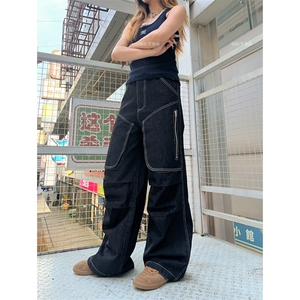 拼接多口袋阔腿牛仔裤男女黑色高腰显瘦帅气休闲宽松拖地工装长裤图片