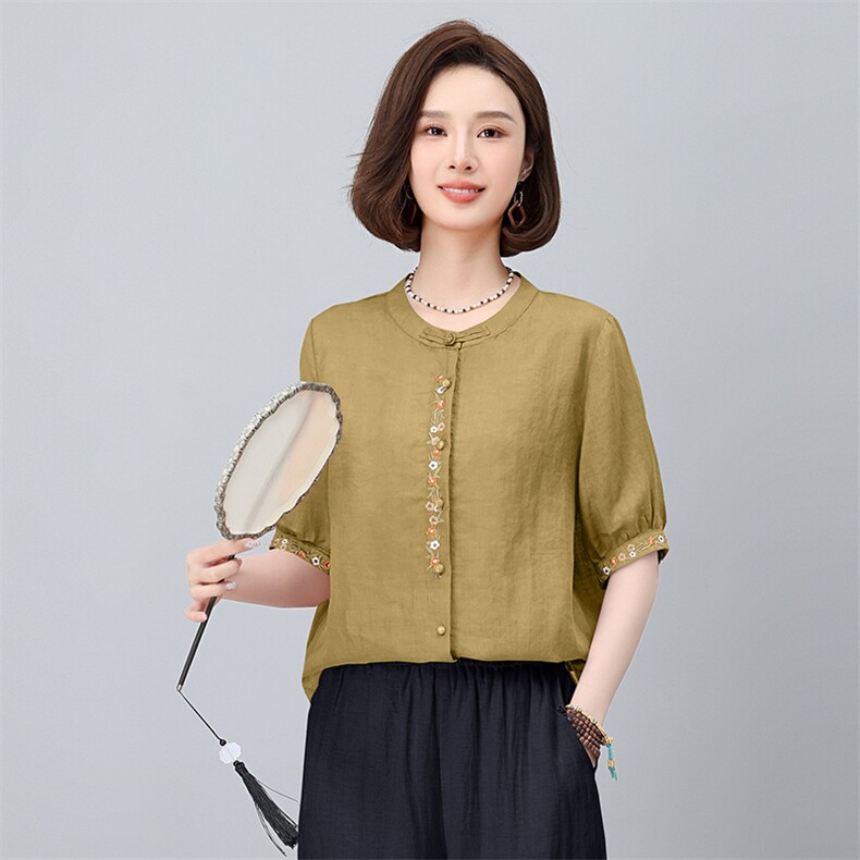 棉麻休闲女夏装2025夏季新款妈妈洋气时尚宽松衬衫苎麻,女装衬衫,涵誉