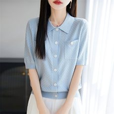 2025春夏新款娃娃领系扣纯色短袖开衫女简约气质亲肤百搭半袖小衫，女装针织衫/毛衣，暖烁特种纱工厂店