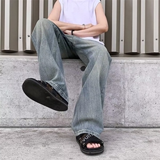 美式做旧阔腿牛仔裤男痞潮牌宽松裤子高街直筒拖地长裤RK3121-P43，男装牛仔裤，星座412-3