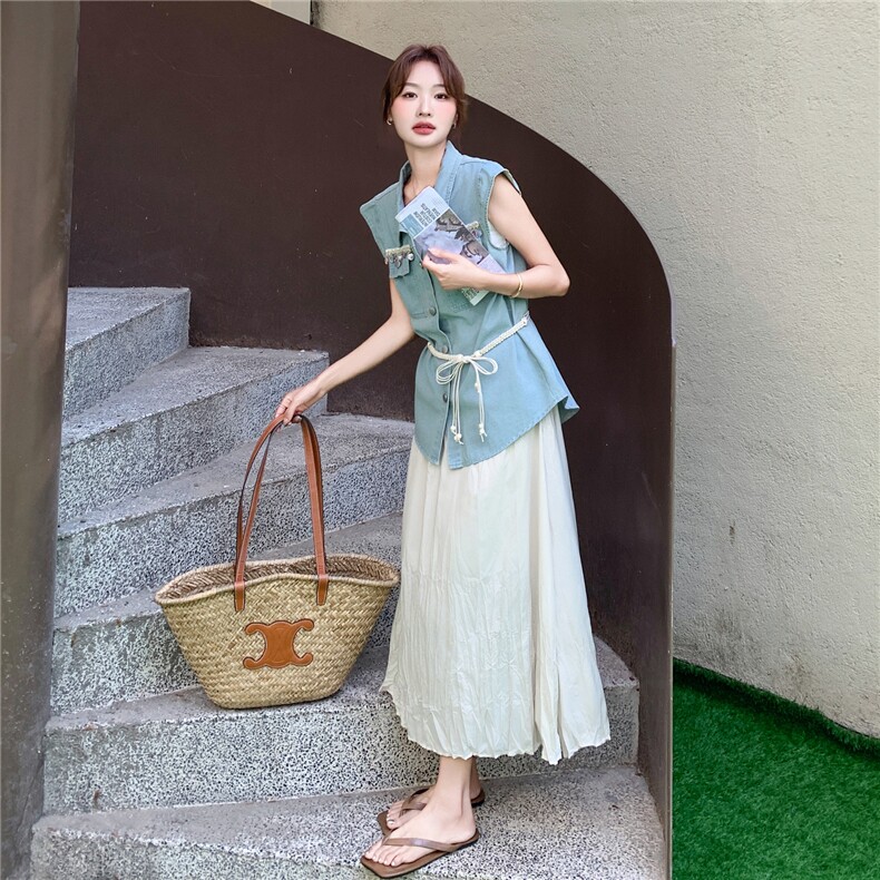 现货2D078-T2033-P165K248薄牛仔上衣+皱皱裙真两件套,女装套装/套裙,2D078