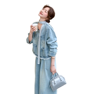 韩系chic穿搭牛仔上衣外套套装女春秋超火好看高级感阔腿裤两件套图片