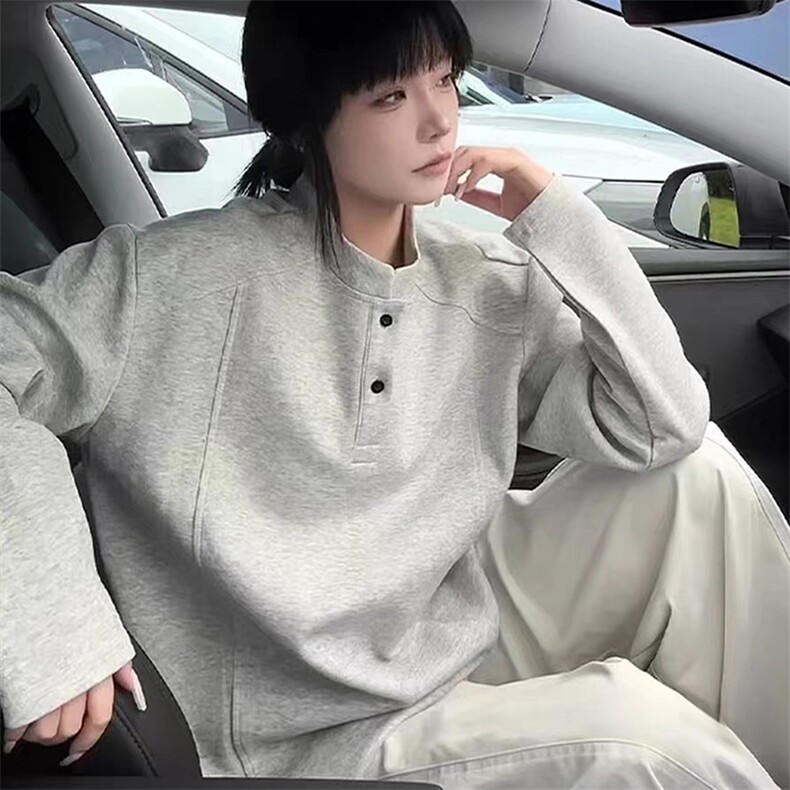 抖音得物品质美式高街重磅曼巴棉拼接cleanfit亨利领卫衣长袖T恤,男装T恤,电商A486-1