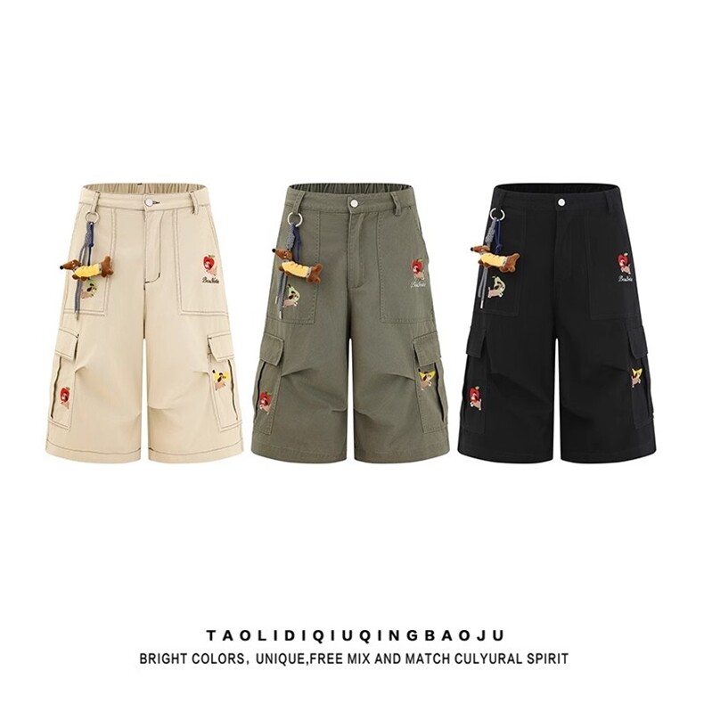 趣味小狗刺绣工装七分裤美式潮牌慵懒宽松直筒显瘦短裤，女装休闲裤，星座1210-1