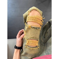 复古高街破洞牛仔裤废土风做旧黄泥染阔腿裤长裤潮XX9141，男装牛仔裤，星座208-5