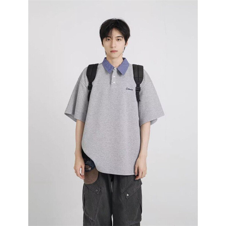 Q131/P42美式短袖Polo衫男女夏季宽松休闲学院风格子翻领T恤1,男装T恤,星座1506