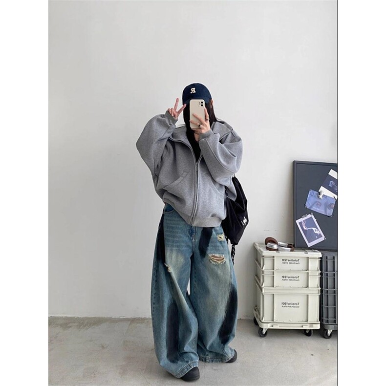 抖音得物高品质 26春装美式高街重磅宽松结构高领连帽卫衣外套W60图片
