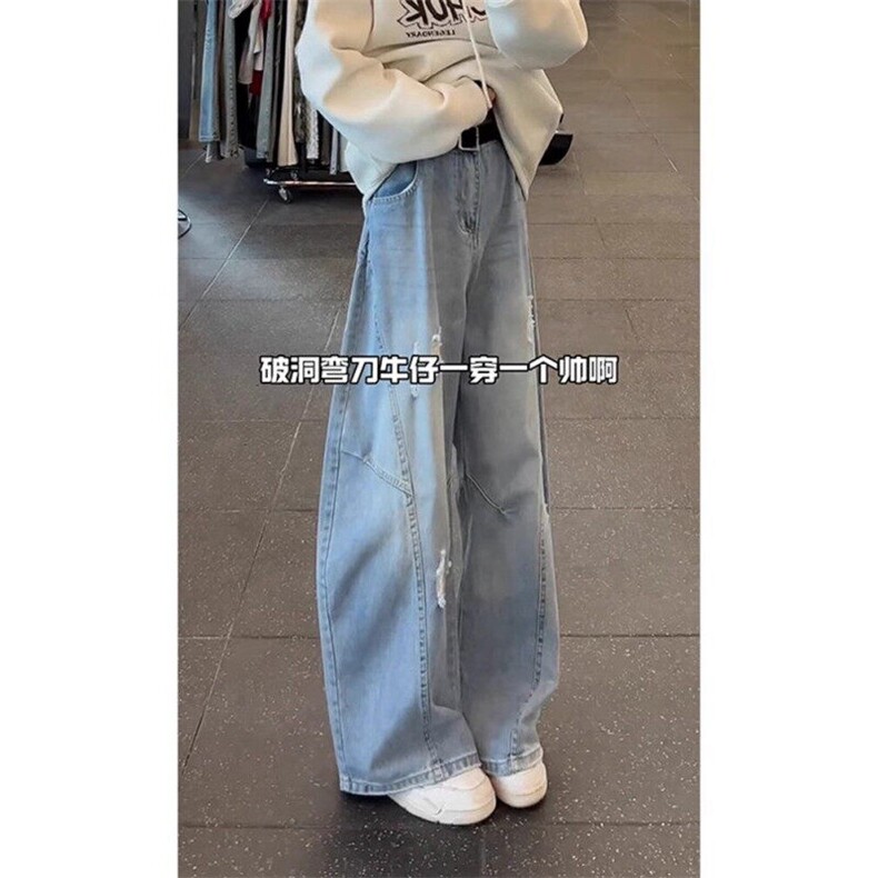 WE1905-P50阔腿破洞牛仔裤男女美式高街潮牌痞帅微喇弯刀裤,男装牛仔裤,电商B323A