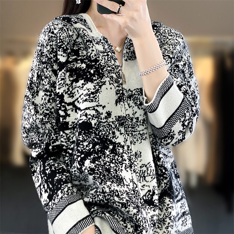 重工100羊绒水墨画连帽拉链开衫女提花加厚宽松慵懒羊毛针织外套,女装羊毛衫,优麦羊绒（原洪叶羊绒）