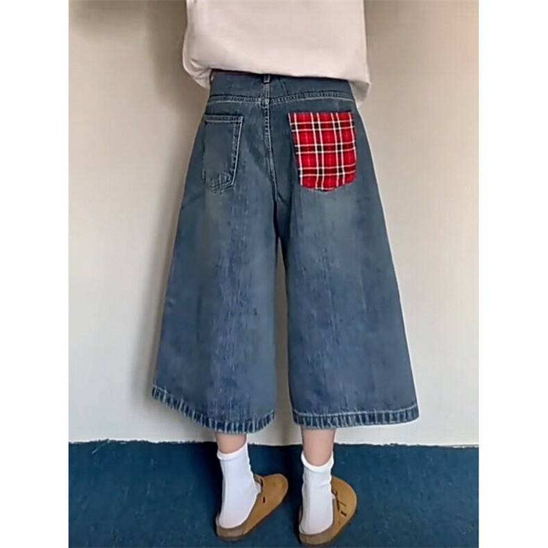 水洗竹节纹格子拼接七分裤男女宽松直筒休闲阔腿短裤潮牌~KK3161,男装牛仔裤,星座601-1