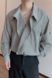 秋季新款韩版条纹衬衫男长袖潮牌网红翻领宽松个性衬衣CS639-P65,男装衬衫,电商B267