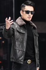 冬季男式羽绒皮衣男头层油蜡牛皮中年男装可脱卸羊羔毛领外套，男装皮衣，电商B212（原钱塘6029）