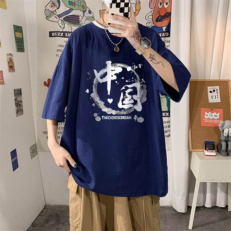 YT26134-P30亚麻短袖t恤男大码五分袖男宽松七分袖海报风,男装T恤,电商A040