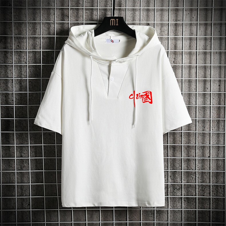 LD54276-P45 连帽短袖t恤男大码胖子带帽五分袖中袖 网格挂拍图片