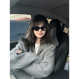 重磅秋冬北极绒双拉链毛衣开衫美式复古休闲慵懒风宽松针织衫外套图片