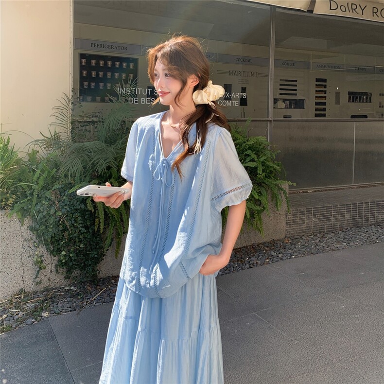 独特绝美蓝色衬衫半身裙女夏2025新款大方得体穿搭减龄,女装连衣裙,2C273