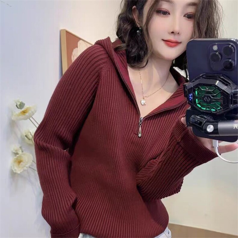 秋冬安迪绒连帽针织毛衣女套头坑条宽松显瘦帽衫拉链打底纯色百搭,针织衫/毛衣,佳绒包芯纱店