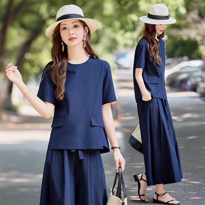 高级感时尚休闲套装女2025夏季新款宽松显瘦短袖上衣阔腿裤两件套，女装套装/套裙，水衣源