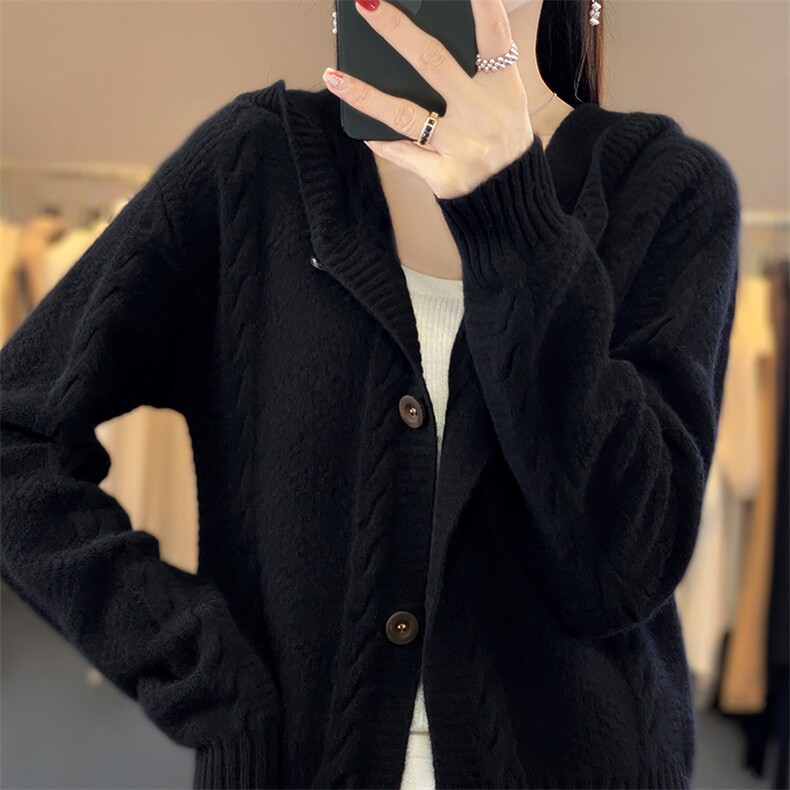 新款帽衫100%纯羊毛针织连帽开衫女秋冬外套羊绒短款毛衣宽松外搭图片