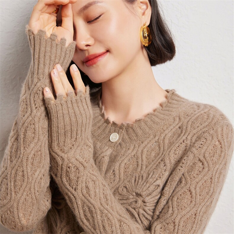 优雅女士手工绣花镂空羊绒开衫时尚百搭显瘦长袖针织外套,女装羊绒衫,臻维羊绒