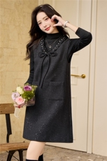 【bao款早春格雷灰系列】2026亮片钉珠V领木耳边蝴蝶结短裙两件套，女装套装/套裙，雅静靓衣