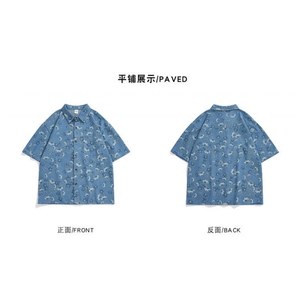 夏季印花牛仔衬衫高级感百搭中性风bf宽松开衫短袖衬衣KL31 P48图片