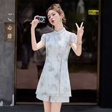 新中式套装女夏季2025新款洋气国风年轻款改良旗袍刺绣短裤两件套，女装套装/套裙，韩宇舍