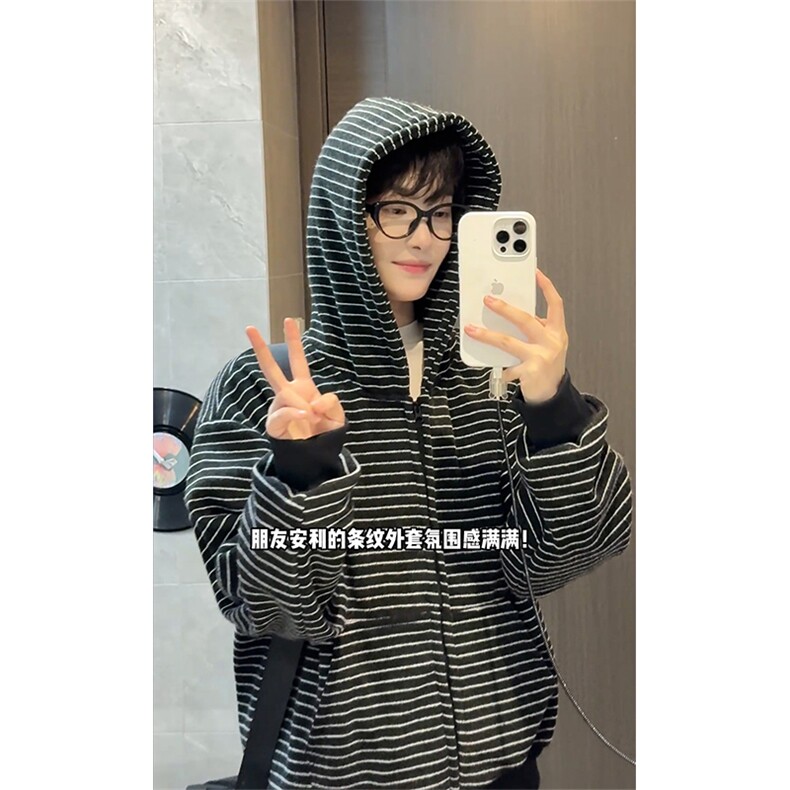加绒条纹连帽卫衣美式复古开衫短款外套男女5D1202-TP65118,女装短外套,电商A102