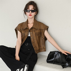 现货短款皮马甲女无袖上衣早秋2024新款韩版显瘦机车夹克马夹坎肩，女装马甲，跑量工厂店