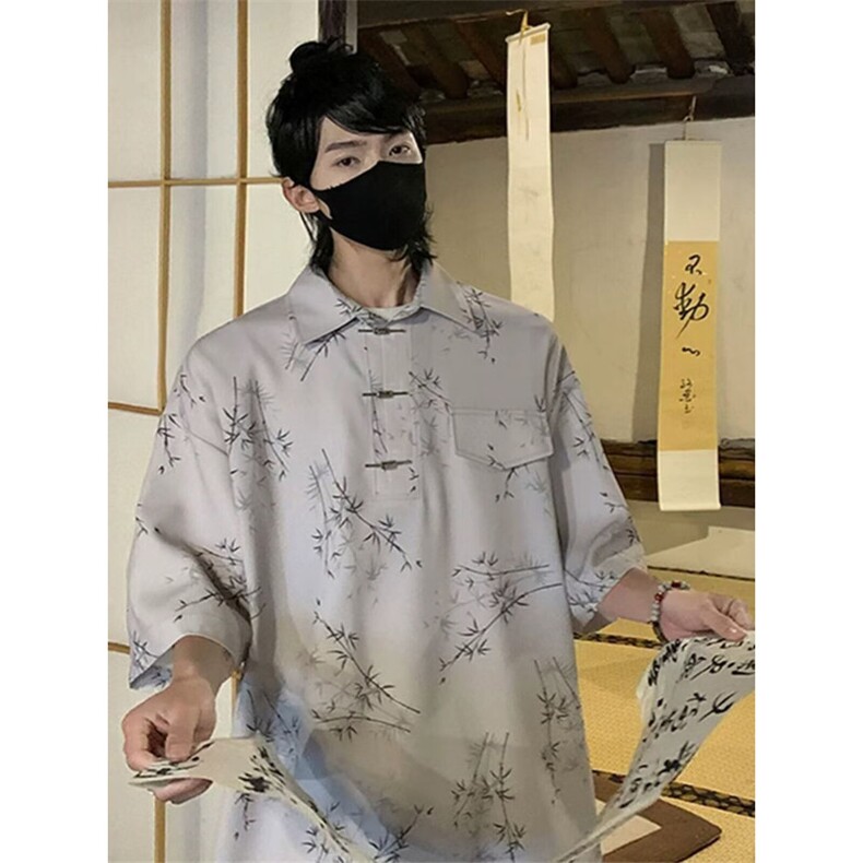 新中式风短袖T恤男女金属扣高级感竹叶刺绣改良汉服中山唐装,男装Polo衫,星座1210-1