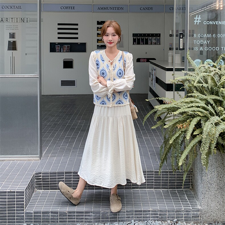 蓝色蕾丝针织马甲连衣裙两件套女春秋2025新款绝美流行超火两件套,女装套装/套裙,2C010