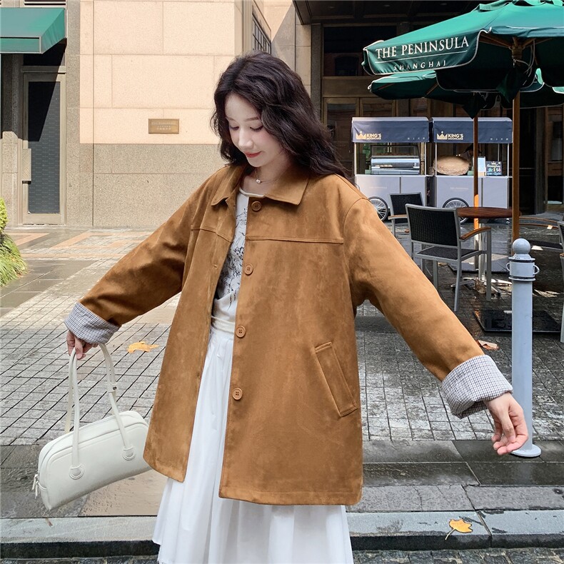 咖色复古格纹拼接麂皮绒外套女春秋2025新款小个子流行爆款巨好看,女装短外套,2C050